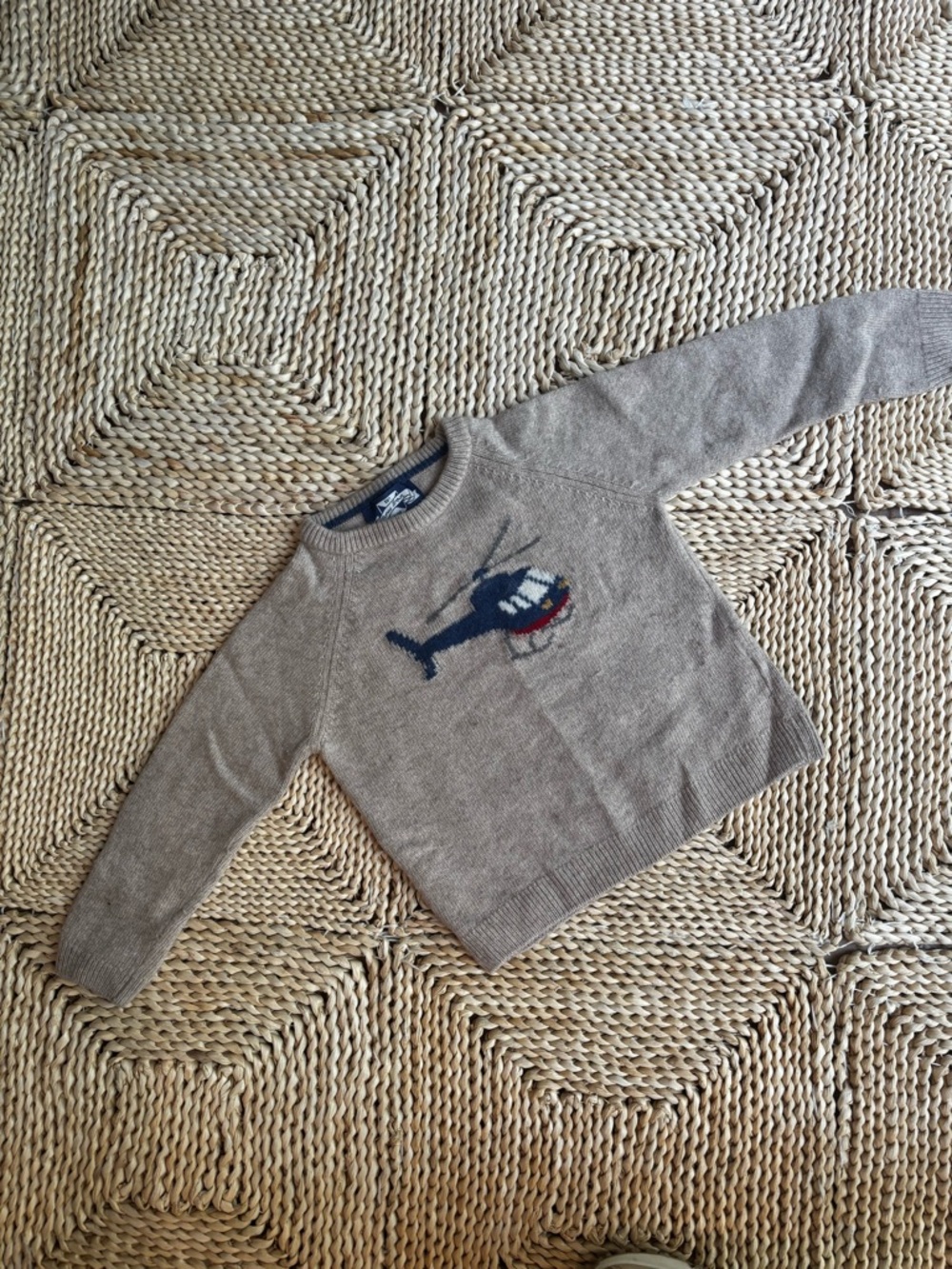 Trotters London Thomas Brown Kids Crewneck Sweater with Helicopter Motif - Taupe
